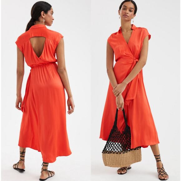 Anthropologie | Maeve | Open-Back Wrap Midi Dress | Orange Red | Sz XS - Picture 1 of 9
